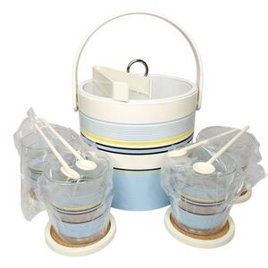 Vtg 70s 80s Ice Bucket Set Blue Yellow Stripe Plastic Cups Coasters Stirrers